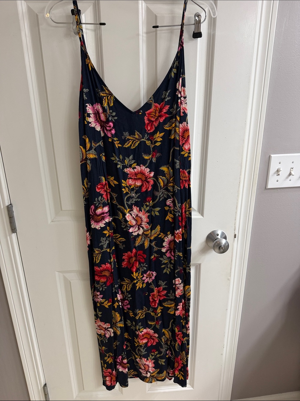 Old Navy Floral Slip Maxi Dress in Navy with Pink & Red Blooms
